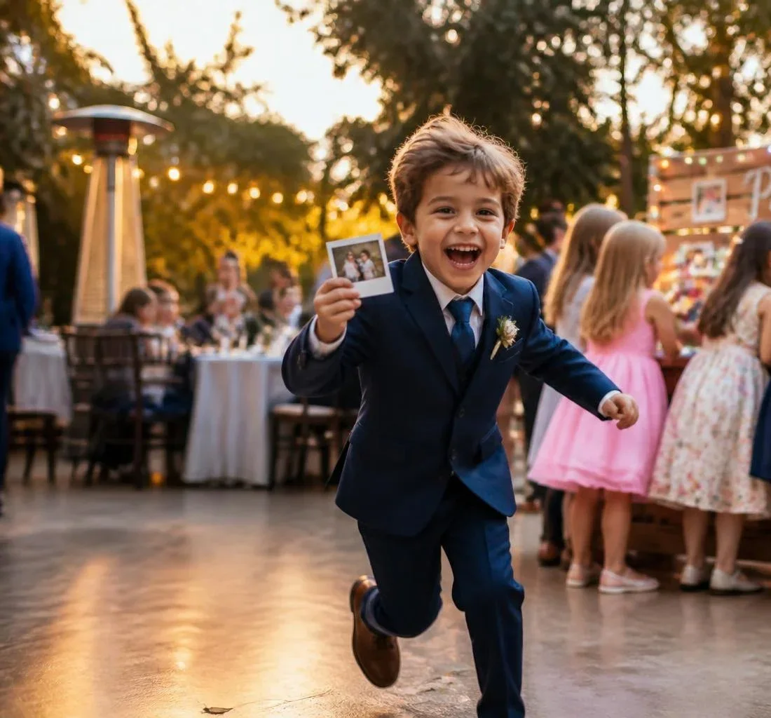 Junge rennt lachend über die Hochzeit