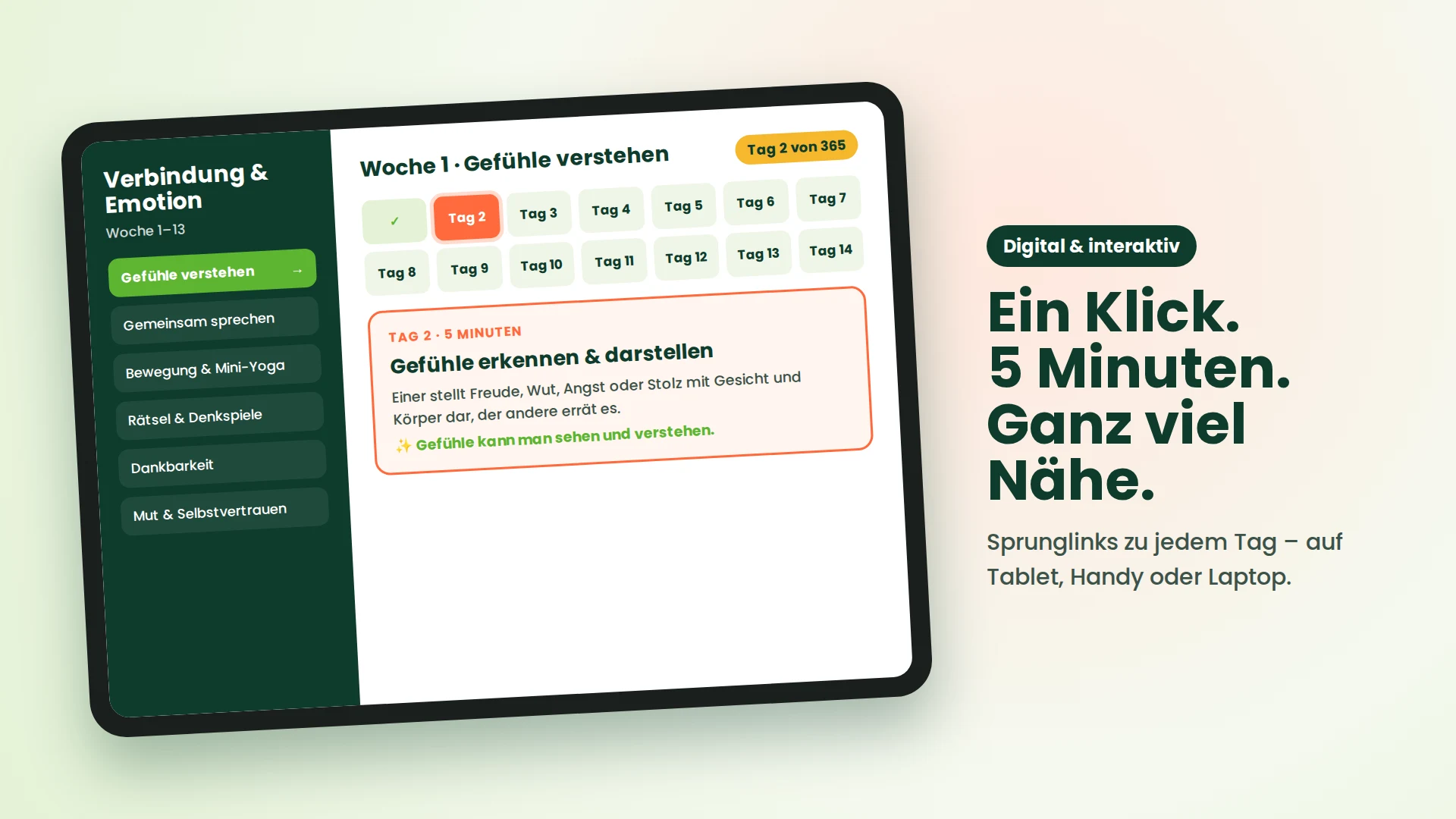 So sieht der interaktive Kalender aus: Monate, Tage und die heutige Challenge per Klick
